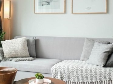 comfortable lounge area with a grey sofa, 5 pillows and a plant on either side