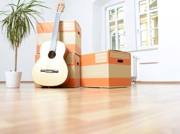 A guitar, plant in a pot and three cardboard boxes in a large spaced room on a wooden floor.